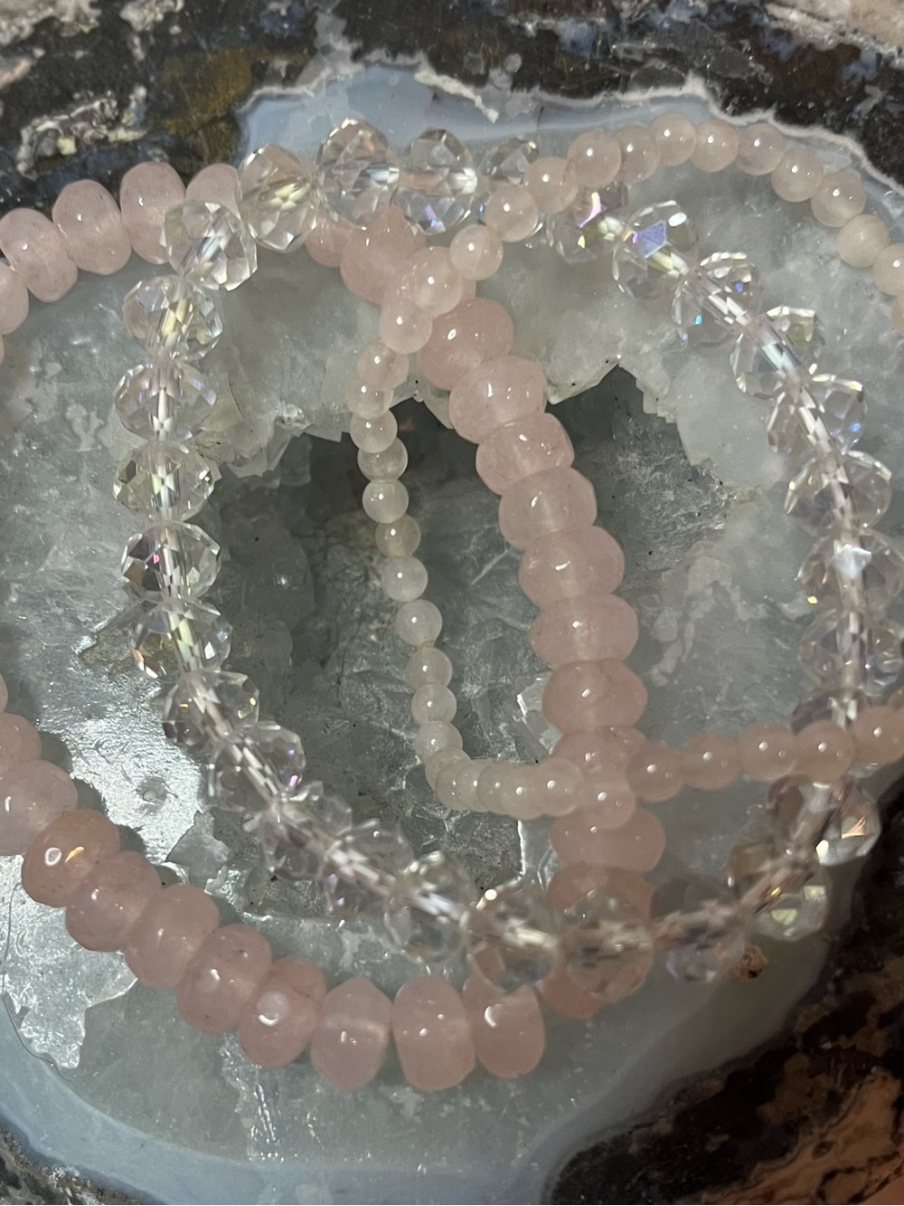 Delicate Pink Rose Quartz & Clear Crystal Beaded Bracelet Set